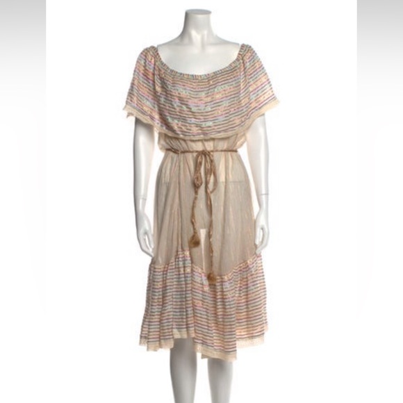 Miguelina Rainbow Stripe Off The Shoulder Ruffle A-Line Dress - Picture 2 of 4